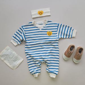 Baby Smiley Heart Patch Striped Jumpsuit and Headband Set (3-12m) - Blue