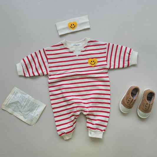 Baby Smiley Heart Patch Striped Jumpsuit and Headband Set (3-12m) - Red - AT NOON STORE