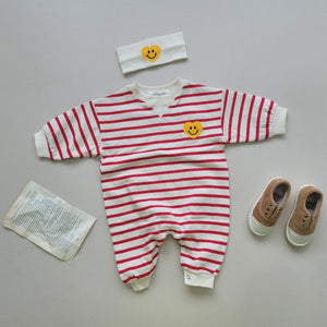 Baby Smiley Heart Patch Striped Jumpsuit and Headband Set (3-12m) - Red