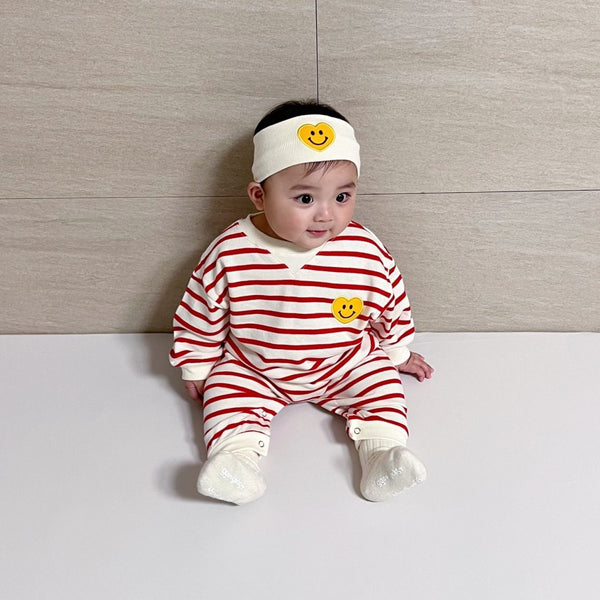 Baby Smiley Heart Patch Striped Jumpsuit and Headband Set (3-12m) - Red - AT NOON STORE