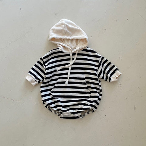 Baby Striped Hoodie Romper  (3-18m) - Black Striped - AT NOON STORE