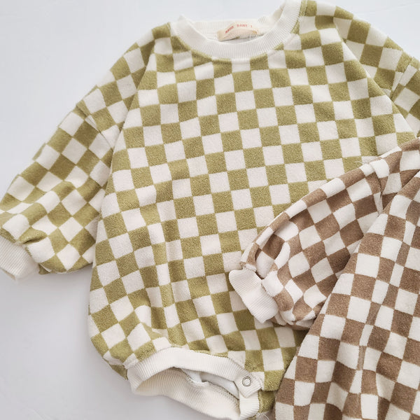 Baby Terry Cloth Long Sleeve Checkered Romper (3-24m) - Sage Green - AT NOON STORE
