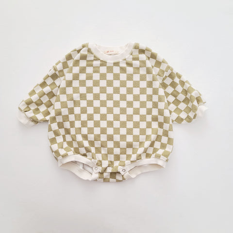 Baby Terry Cloth Long Sleeve Checkered Romper (3-24m) - Sage Green