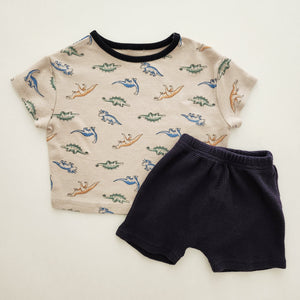 Baby Toddler Dino Print Top and Waffle Shorts Set (3-36m) - Navy Shorts