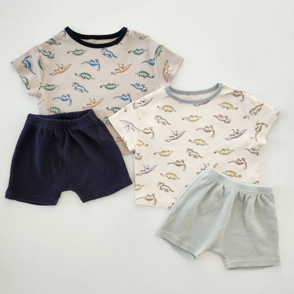 Baby Toddler Dino Print Top and Waffle Shorts Set (3-36m) - Navy Shorts
