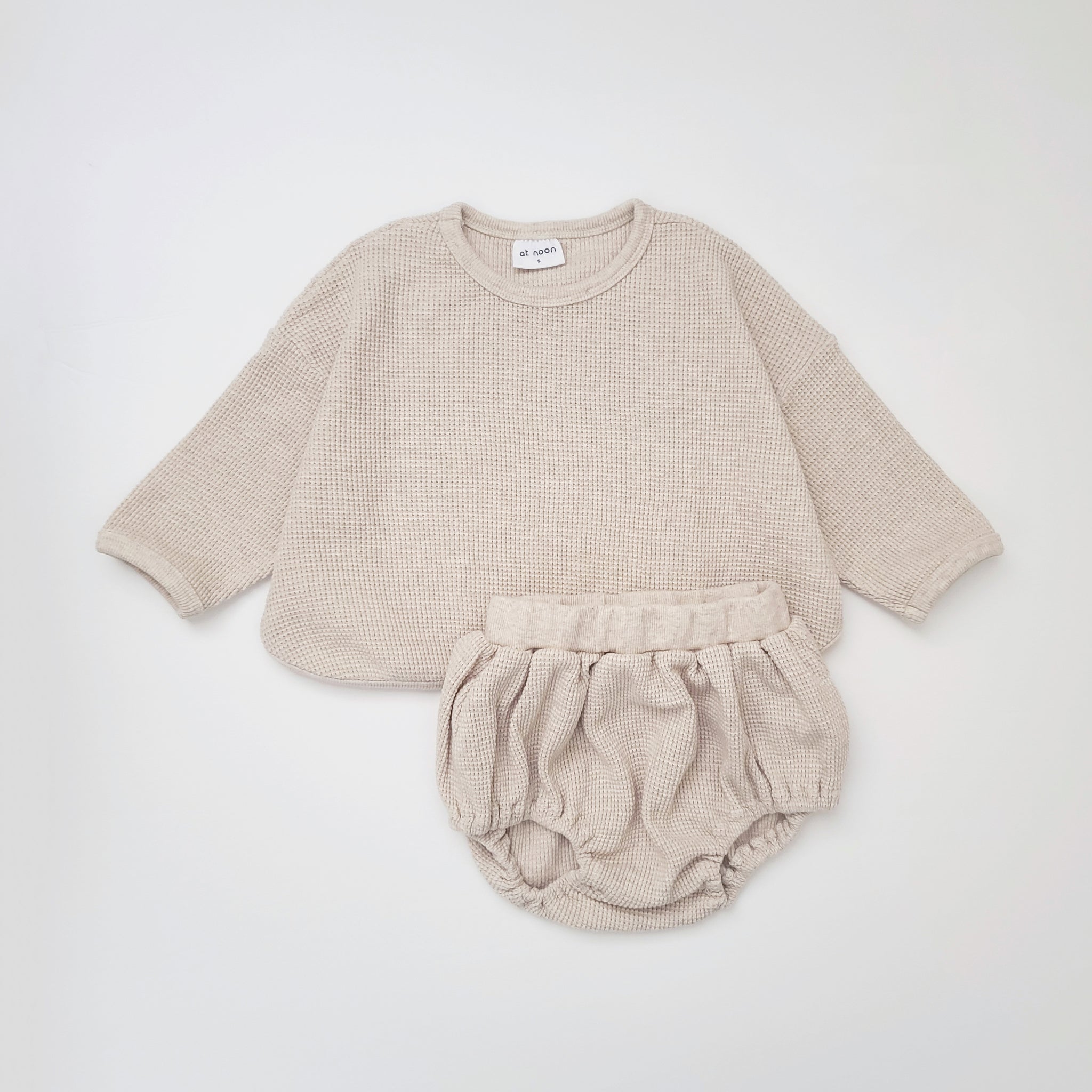 Baby Waffle Cotton Long Tee and Bloomer Set (3-28m) - Oat - AT NOON STORE