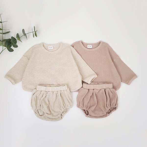 Baby Waffle Cotton Long Tee and Bloomer Set (3-28m) - Oat - AT NOON STORE