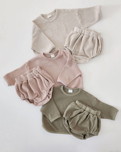 Baby Waffle Cotton Long Tee and Bloomer Set (3-28m) - Olive - AT NOON STORE