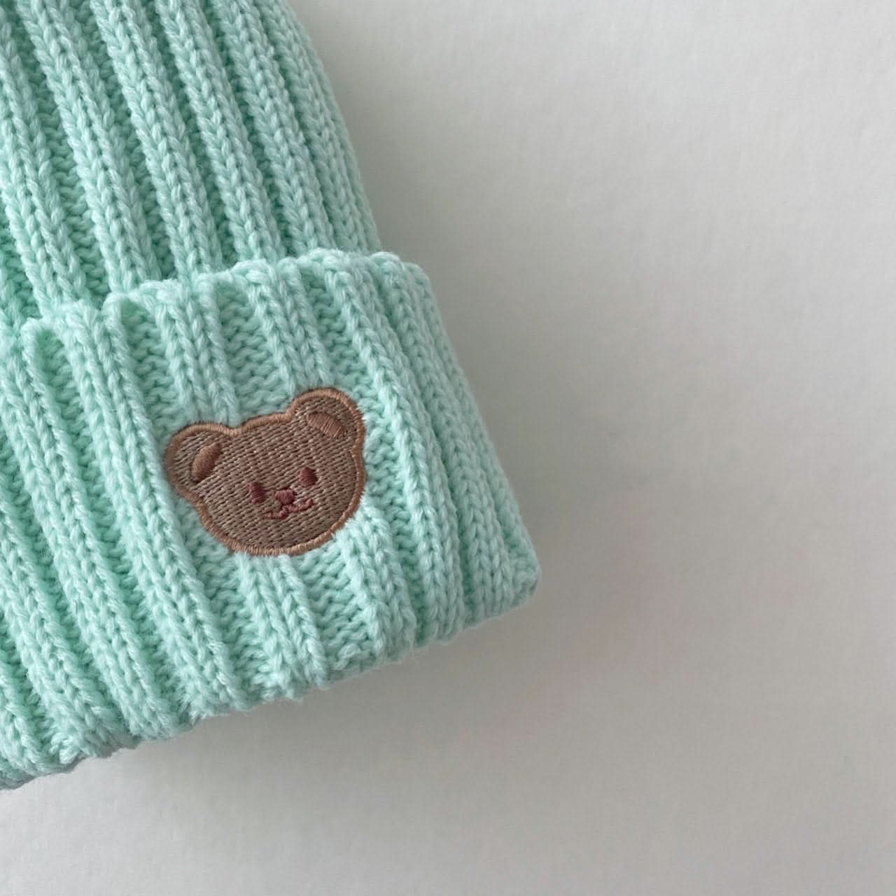 Kids Bear Embroidery Ribbed Beanie -8 colors - AT NOON STORE