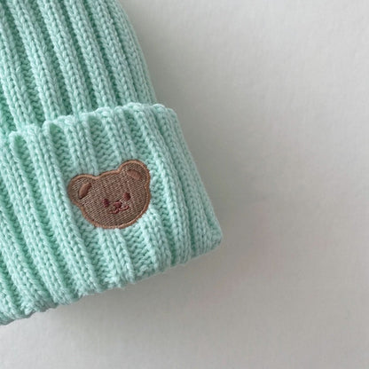 Kids Bear Embroidery Ribbed Beanie -8 colors - AT NOON STORE