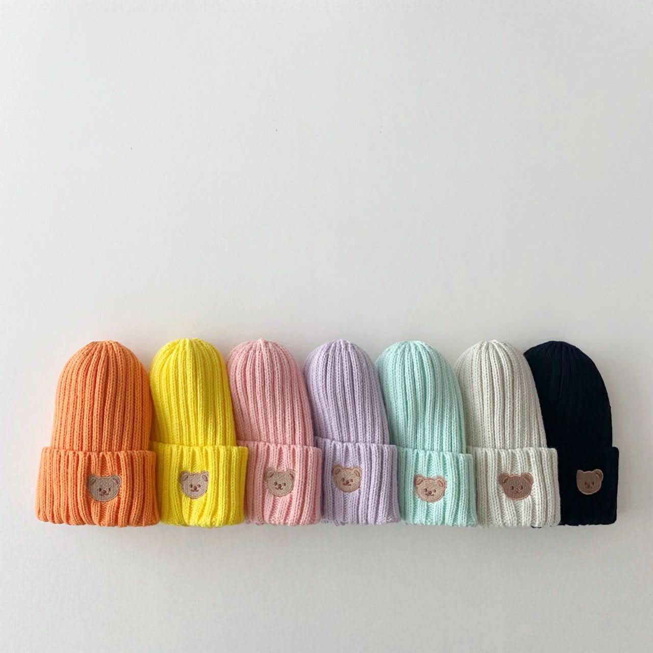 Kids Bear Embroidery Ribbed Beanie -8 colors