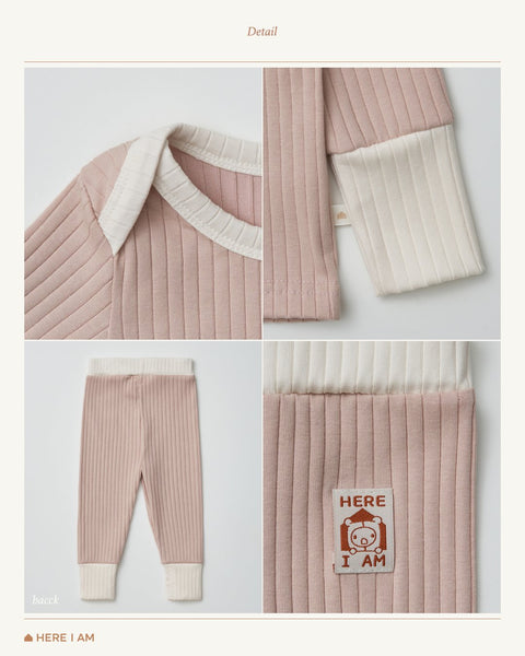 Kids Color Block Ribbed Top and Pants Set(1-5y)- Beige Pink