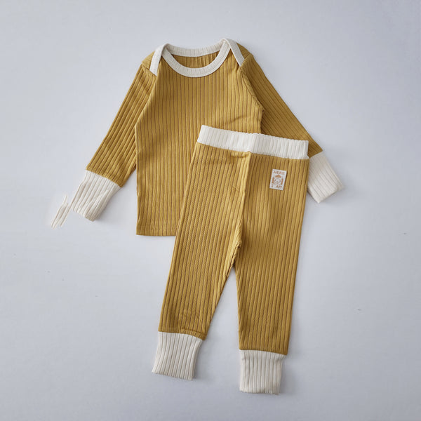 Kids Color Block Ribbed Top and Pants Set(1-5y)-  Mustard