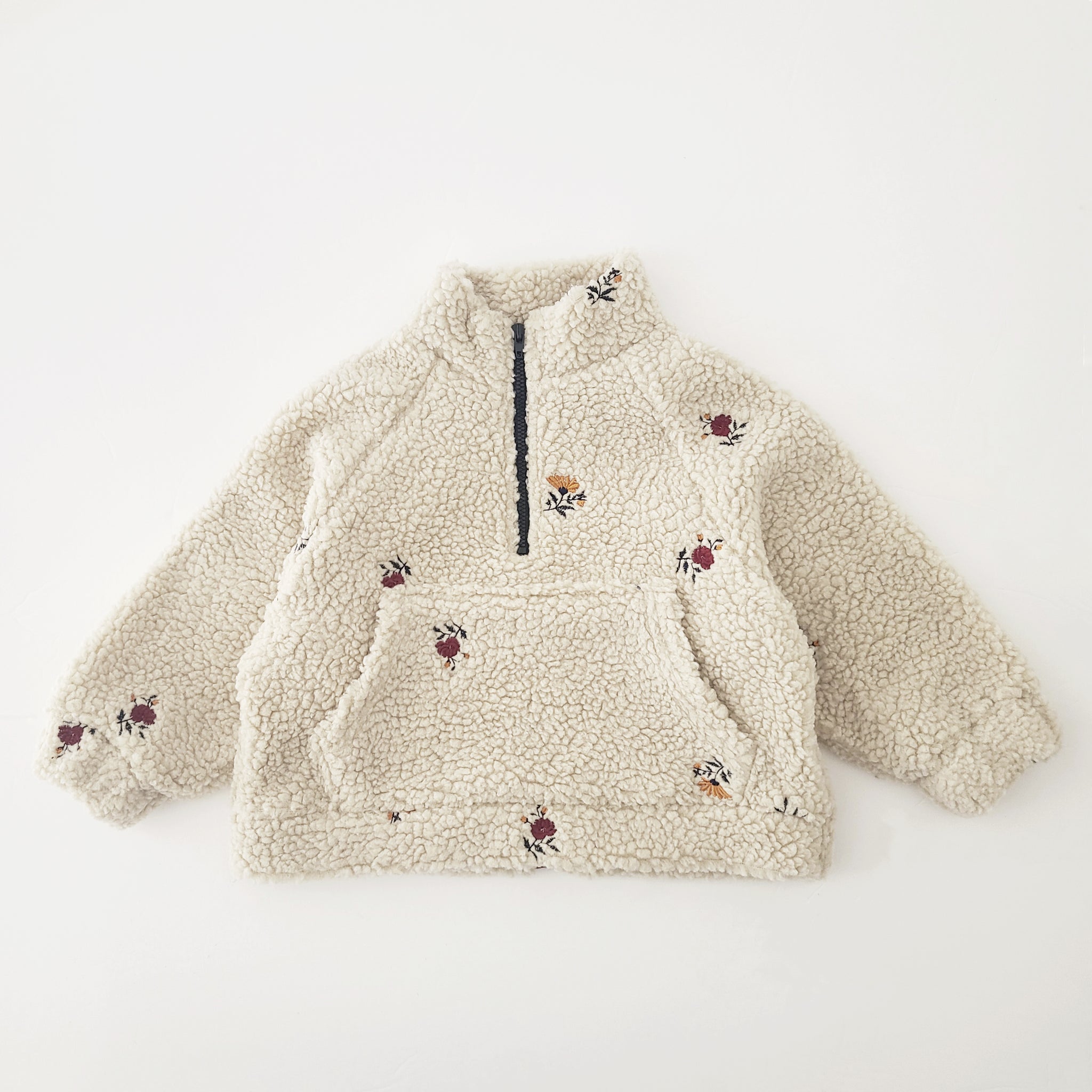 Kids Half-Zip Flower Embroidered Sherpa Pullover (4-5y) - AT NOON STORE
