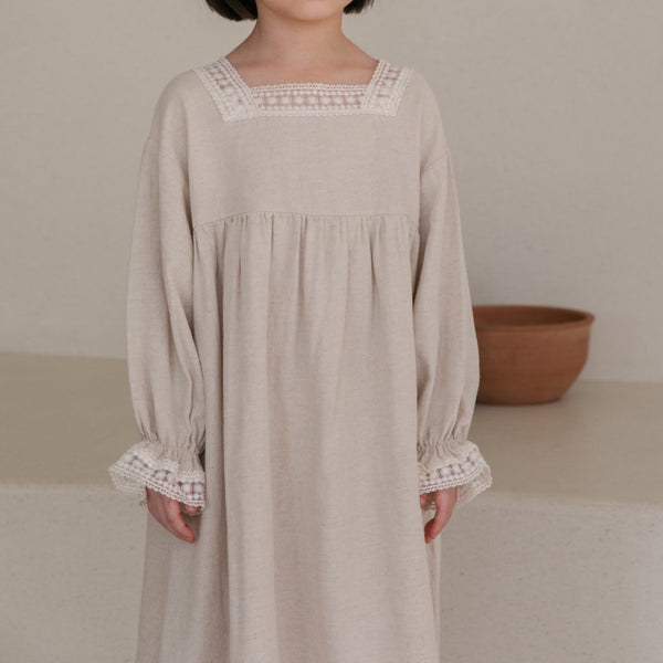 Kids Nana Lace Trim Dress (1-4y) - Beige - AT NOON STORE