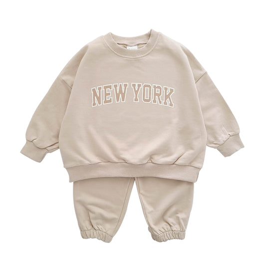 Kids New York Sweatshirt & Jogger Pants Set (1-5yrs) - Beige - AT NOON STORE