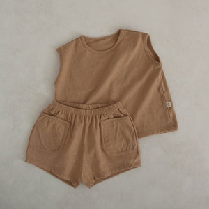 Toddler Cotton Sleeveless Pocket Top and Shorts Set (1-5y)- Camel