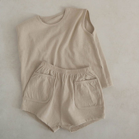 Toddler Cotton Sleeveless Pocket Top and Shorts Set (1-5y)- Beige