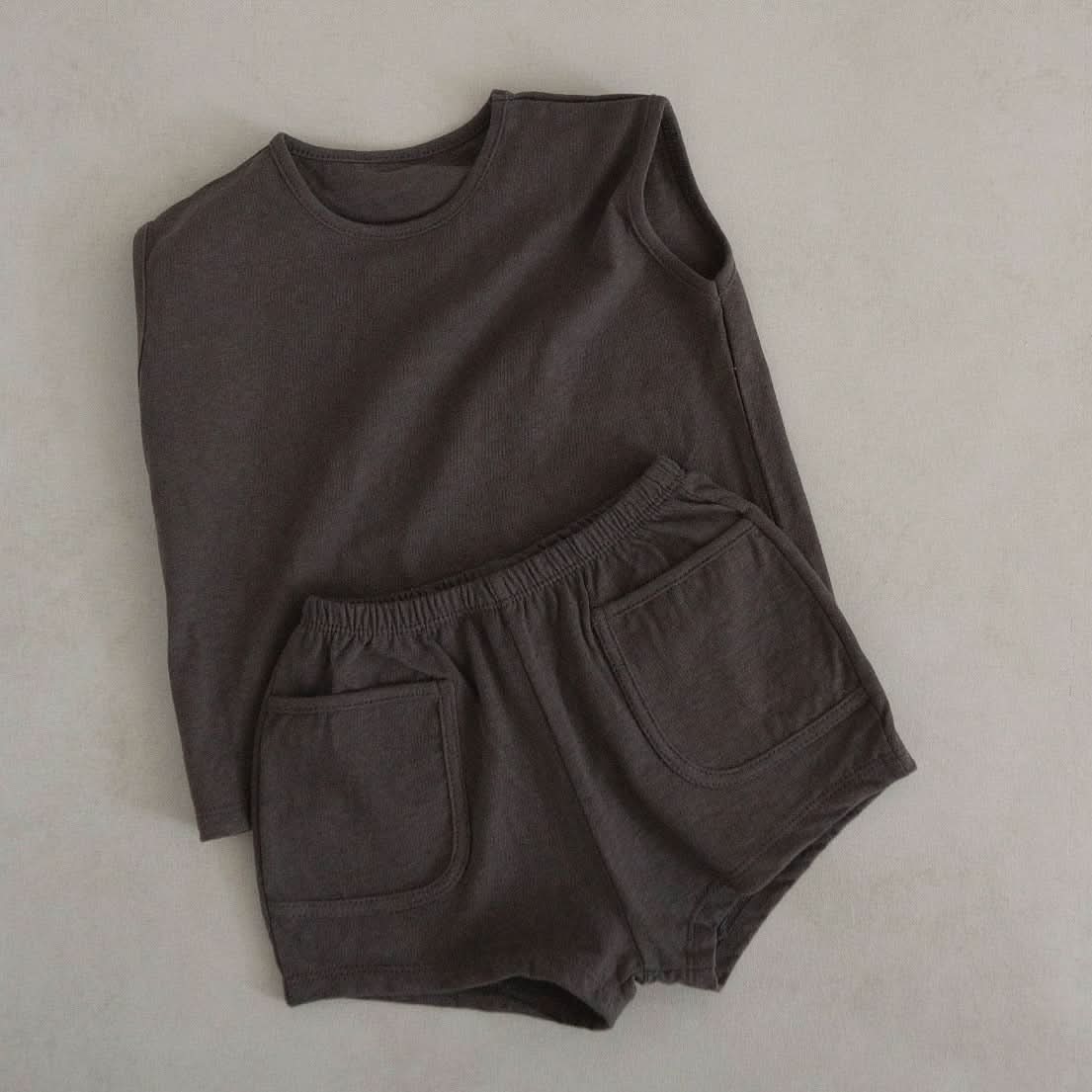 Toddler Cotton Sleeveless Pocket Top and Shorts Set (3-4y)- Charcoal - AT NOON STORE