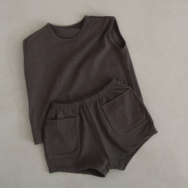 Toddler Cotton Sleeveless Pocket Top and Shorts Set (3-4y)- Charcoal