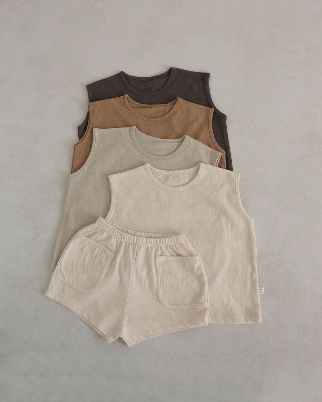 Toddler Cotton Sleeveless Pocket Top and Shorts Set (1-5y)- Beige - AT NOON STORE