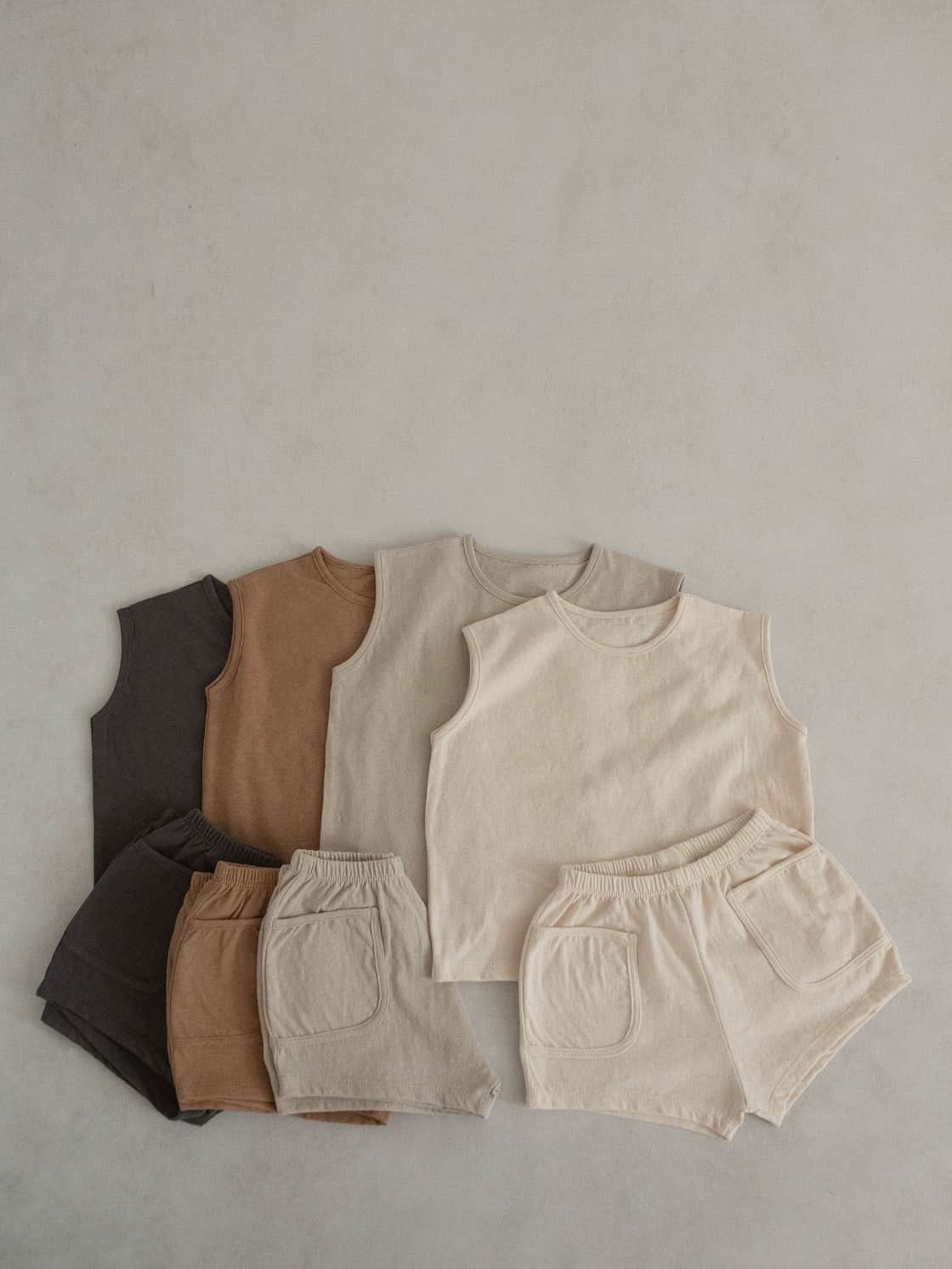 Toddler Cotton Sleeveless Pocket Top and Shorts Set (1-5y)- Beige - AT NOON STORE