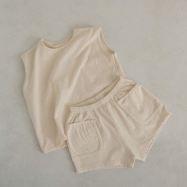 Toddler Cotton Sleeveless Pocket Top and Shorts Set (1-5y)-Ivory - AT NOON STORE