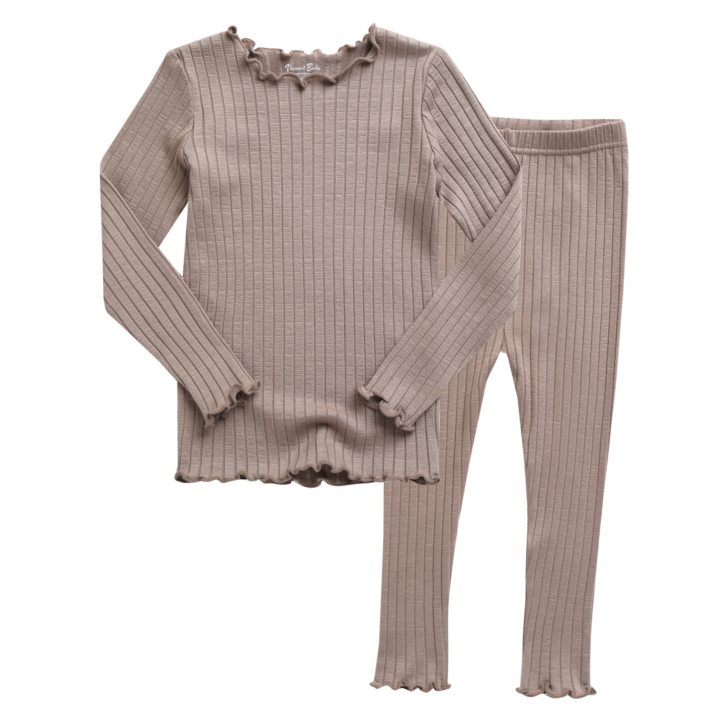 Toddler Kids Lettuce-Edge Ribbed Long Sleeve Top and Leggings 2 Piece Set (4-5T) - Beige - AT NOON STORE