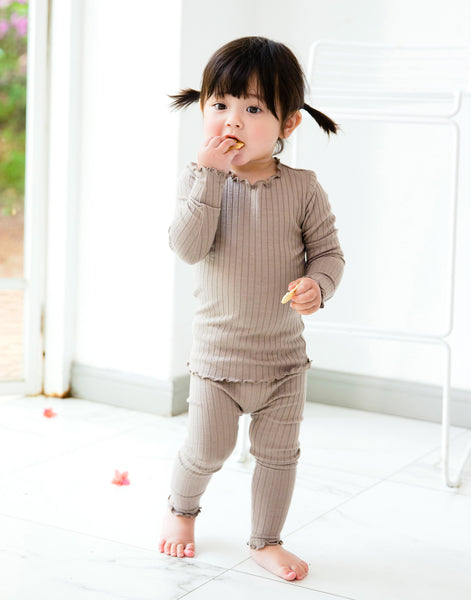 Toddler Kids Lettuce-Edge Ribbed Long Sleeve Top and Leggings 2 Piece Set (4-5T) - Beige - AT NOON STORE