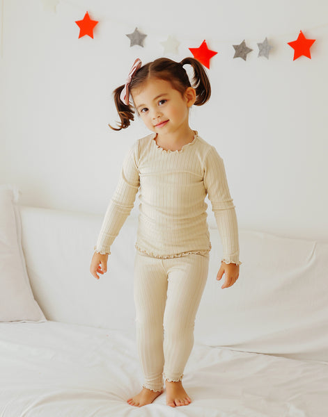 Toddler Kids Lettuce-Edge Ribbed Long Sleeve Top and Leggings 2 Piece Set (1-5y) - Ivory - AT NOON STORE