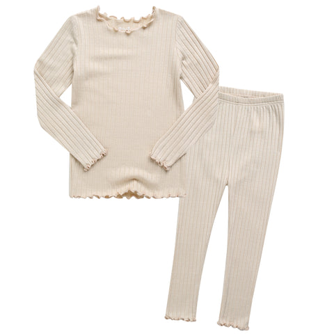 Toddler Kids Lettuce-Edge Ribbed Long Sleeve Top and Leggings 2 Piece Set (1-5y) - Ivory