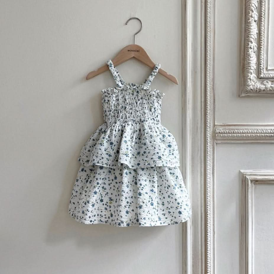 Toddler Monbebe Sleeveless Smocked Bodice Ruffle Dress (3-4y) - Blue Floral - AT NOON STORE