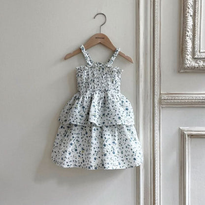 Toddler Monbebe Sleeveless Smocked Bodice Ruffle Dress (3-4y) - Blue Floral - AT NOON STORE
