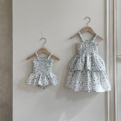 Toddler Monbebe Sleeveless Smocked Bodice Ruffle Dress (3-4y) - Blue Floral - AT NOON STORE