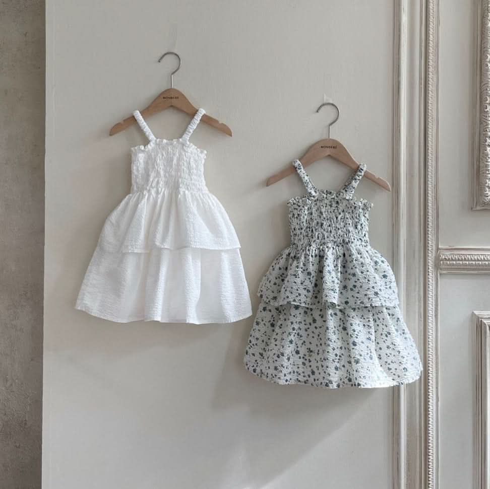 Toddler Monbebe Sleeveless Smocked Bodice Ruffle Dress (3-4y) - Blue Floral - AT NOON STORE