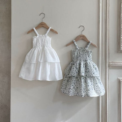 Toddler Monbebe Sleeveless Smocked Bodice Ruffle Dress (3-4y) - Blue Floral - AT NOON STORE