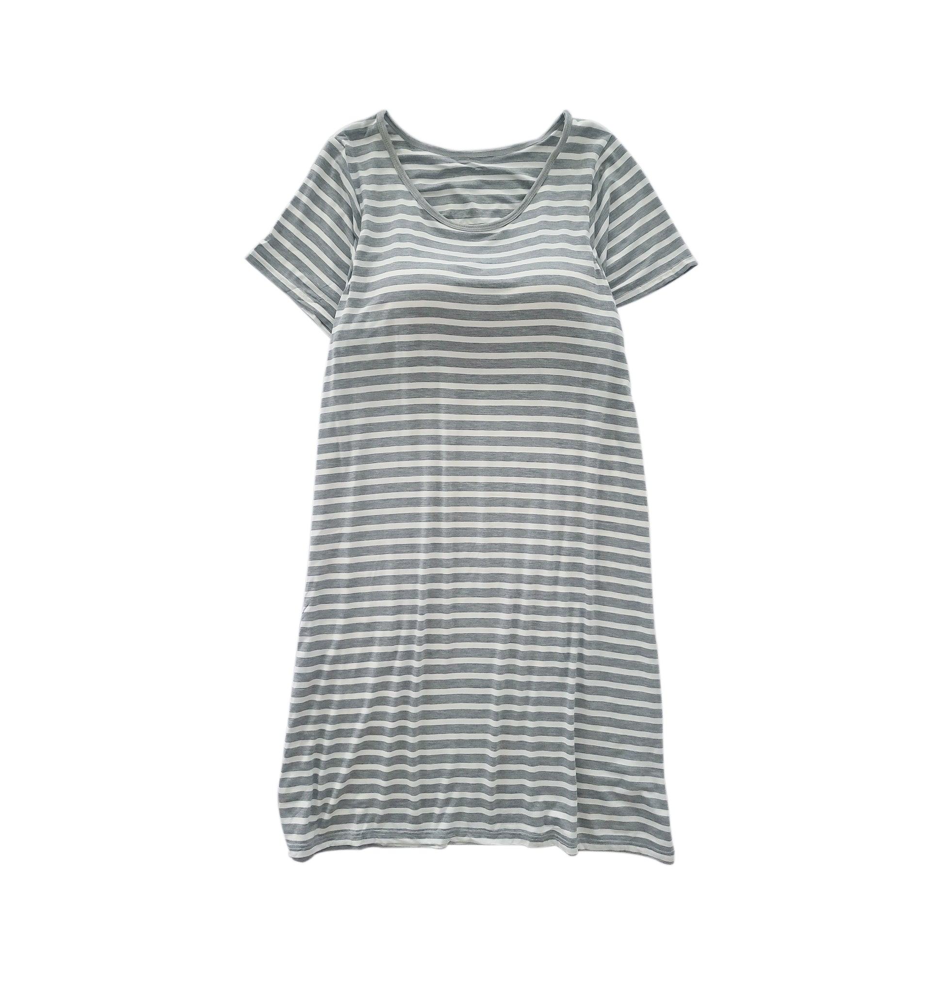 Women Striped Short Sleeve Built-in Bra Dress - Grey - AT NOON STORE