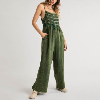 Women's Tie Spaghetti Straps Wide Leg Jumpsuit - Deep Green - AT NOON STORE