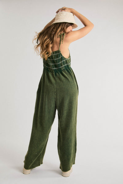 Women's Tie Spaghetti Straps Wide Leg Jumpsuit - Deep Green - AT NOON STORE