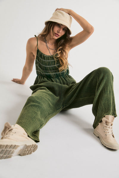 Women's Tie Spaghetti Straps Wide Leg Jumpsuit - Deep Green - AT NOON STORE