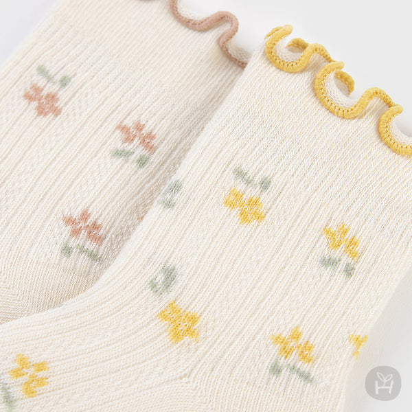 Baby Toddler Floral Lettuce Edge Socks (0-4T) - Yellow Floral - AT NOON STORE
