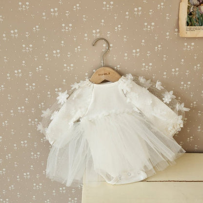 Baby 3D Flowers Long Sleeve Tutu Dress Romper (3 - 18m) - Cream kids outfit