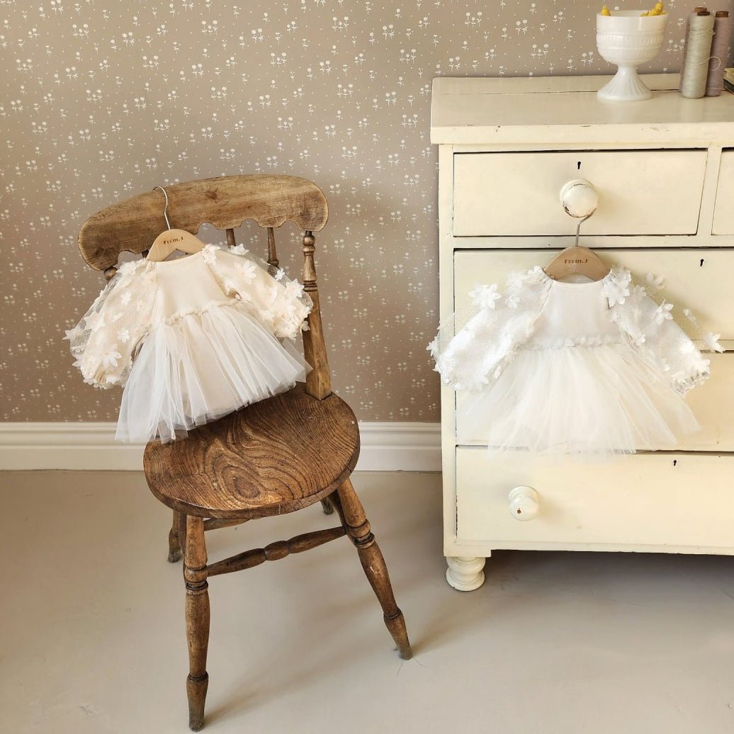 Baby 3D Flowers Long Sleeve Tutu Dress Romper (3 - 18m) - Cream kids outfit