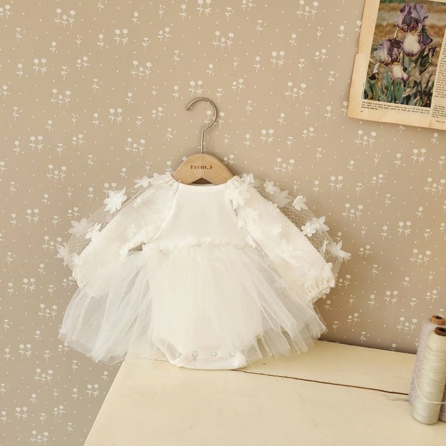 Baby 3D Flowers Long Sleeve Tutu Dress Romper (3 - 18m) - Cream kids outfit