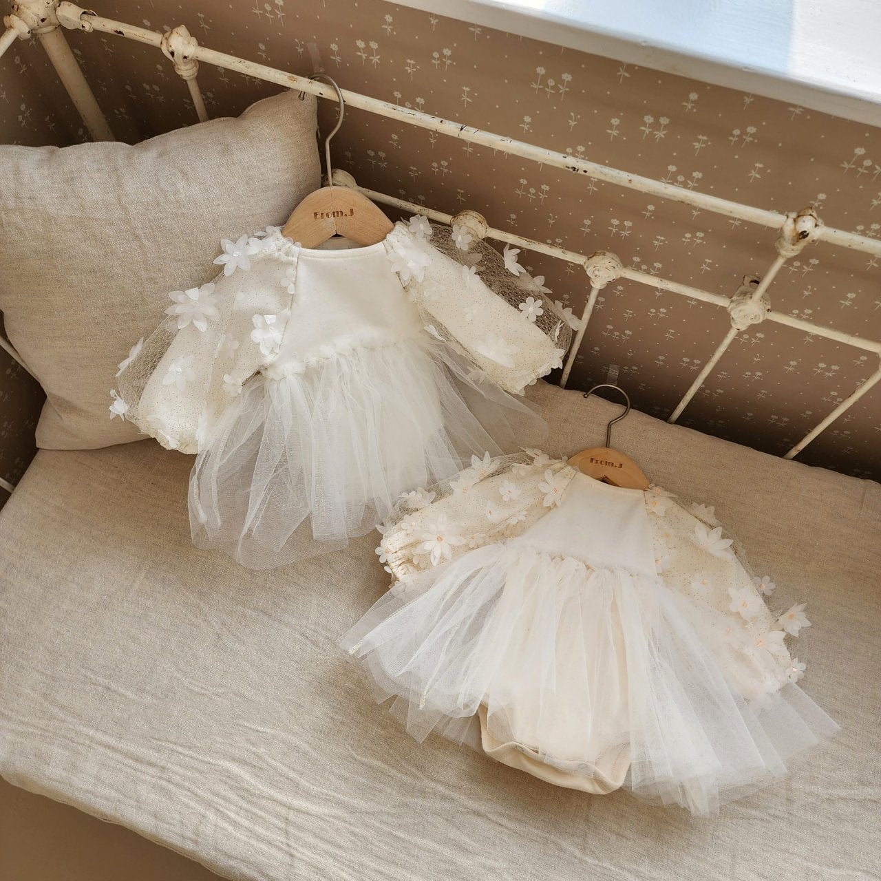 Baby 3D Flowers Long Sleeve Tutu Dress Romper (3 - 18m) - Cream kids outfit