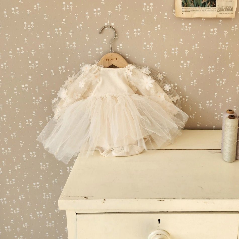 Baby 3D Flowers Puff Sleeve Tutu Dress Romper (3 - 18m) - Beige kids outfit