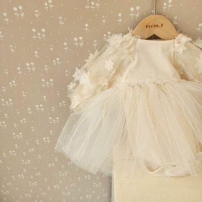 Baby 3D Flowers Puff Sleeve Tutu Dress Romper (3 - 18m) - Beige kids outfit