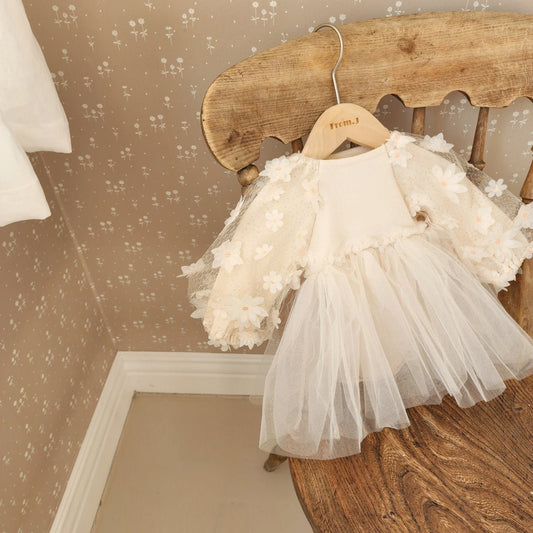 Baby 3D Flowers Puff Sleeve Tutu Dress Romper (3 - 18m) - Beige kids outfit