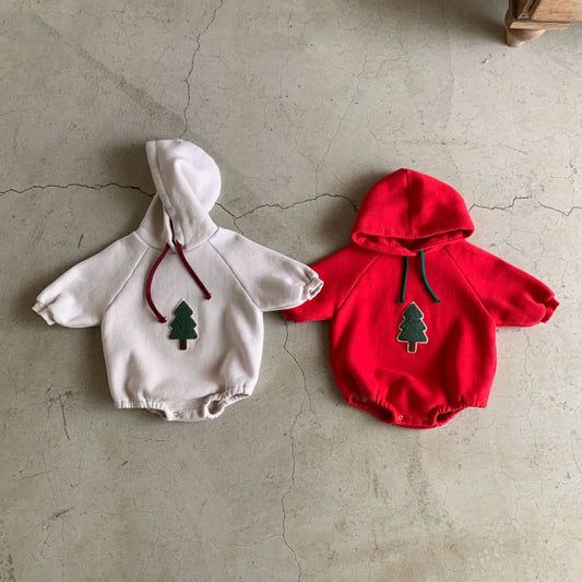 Baby Fleece - Lined Tree Patch Hoodie Romper (12 - 18m) - 2 Colors kids outfit