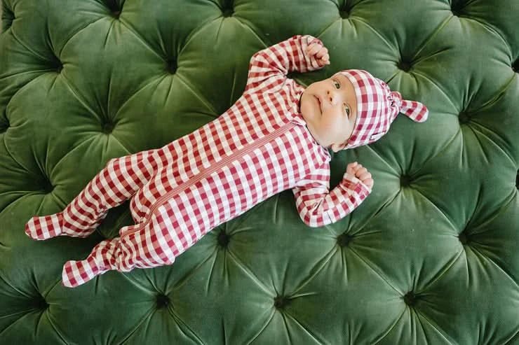 Baby Gingham Zipper Footed Pajama (Newborn - 18m) - Red kids outfit